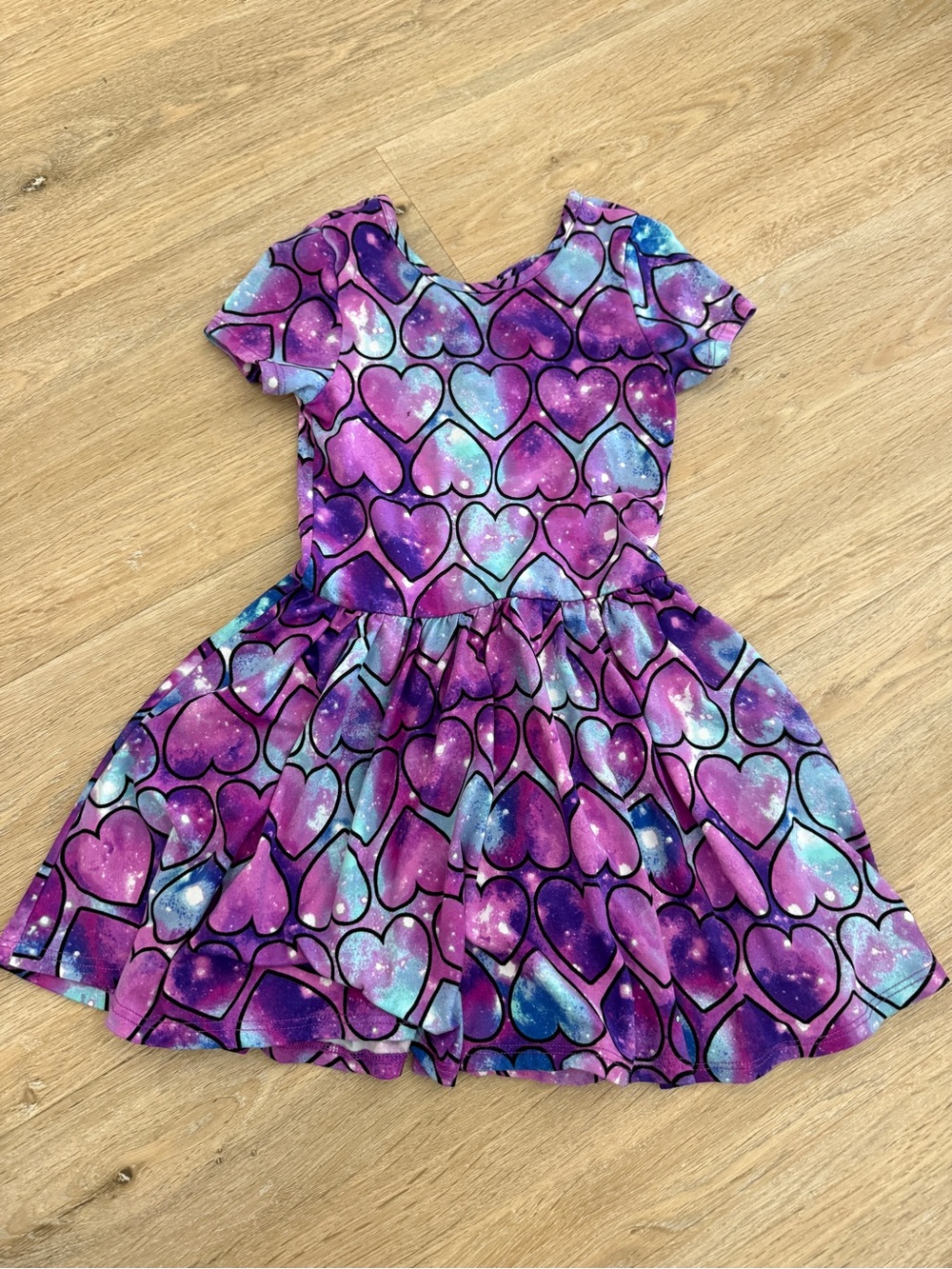 Pixielane Girls' Purple Galaxy Heart Short-Sleeve Twirl Dress 5
